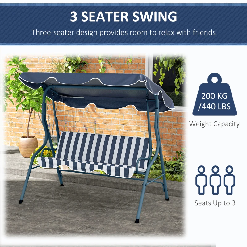 Best 3 Seater Garden Swing Seat Chair Outdoor Bench with Adjustable Canopy and Metal Frame, Blue Stripes - Image 6