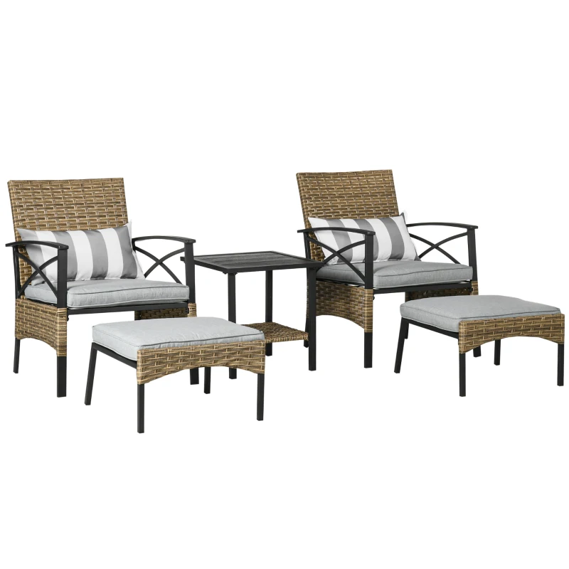 Best 5 Piece PE Rattan Garden Furniture Set, 2 Armchairs,2 Stools, Steel Tabletop with Wicker Shelf, Padded Outdoor Seating, Grey