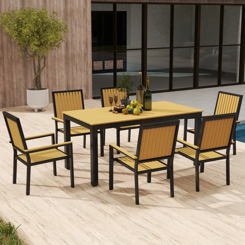 Best 6 Seater Garden Dining Set with Stackable Chairs, Aluminium Frame, Rectangular Plastic Top, Garden Furniture Set, Outdoor Dining Table and Chairs for Patio, Balcony, Poolside, Nature Wood - Image 8