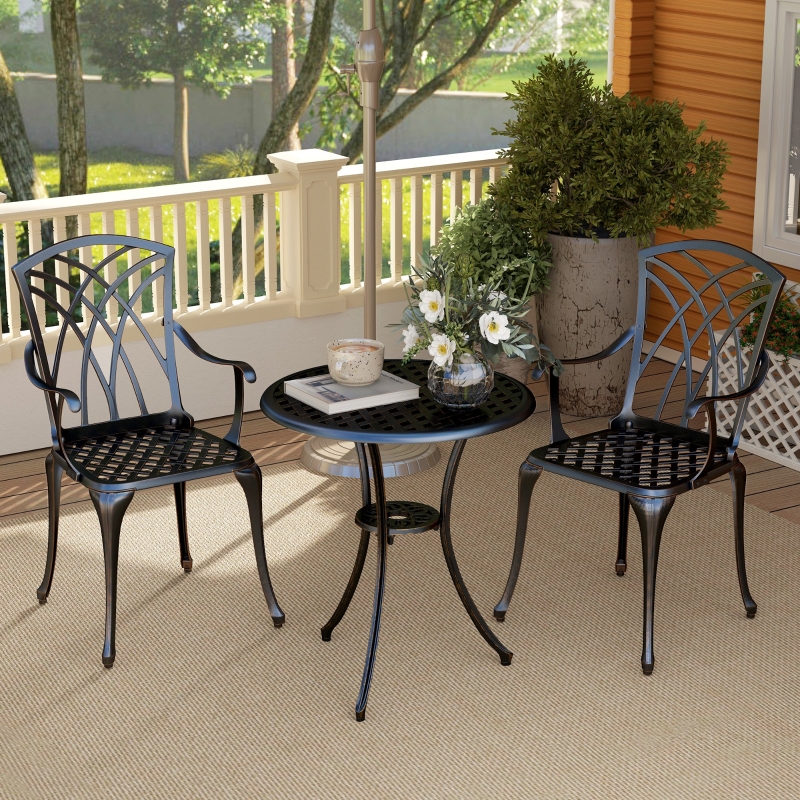 Best 3 Pieces Garden Dining Set for 2, Cast Aluminium Outdoor Dining Set with 2 Armchairs and Round Dining Table with Parasol Hole, Garden Furniture Set, Bronze Tone - Image 9