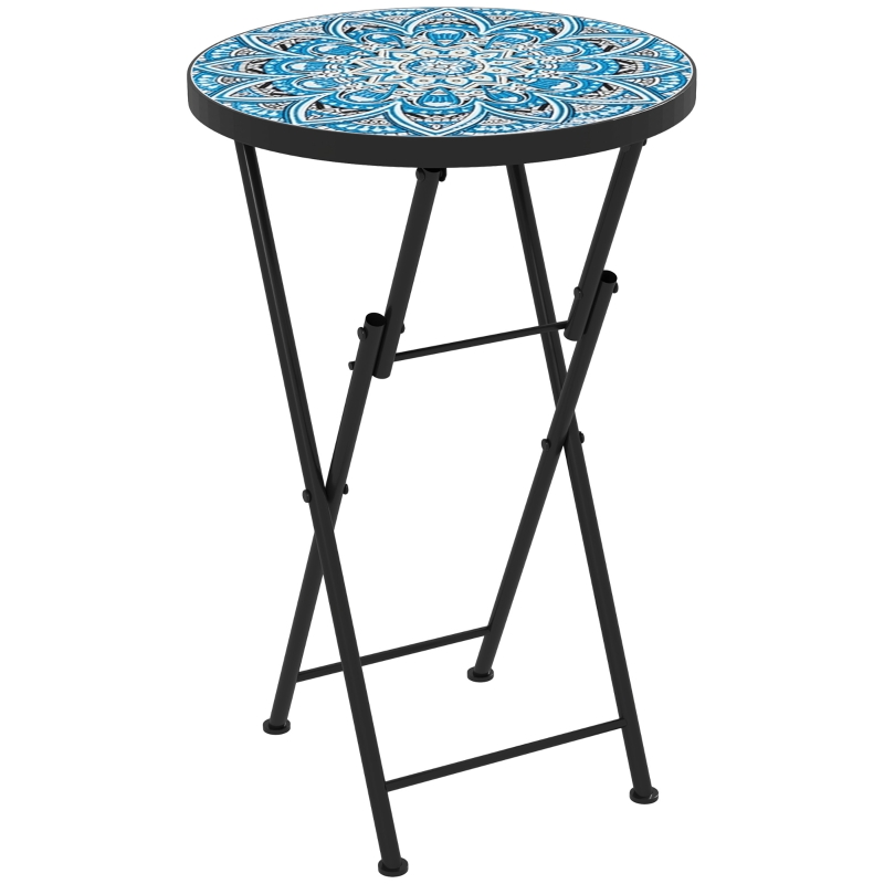 Best Mosaic Outdoor Garden Table, 35.5cm Round Folding Coffee Table with Metal Frame for Balcony Terrace, Blue - Image 11