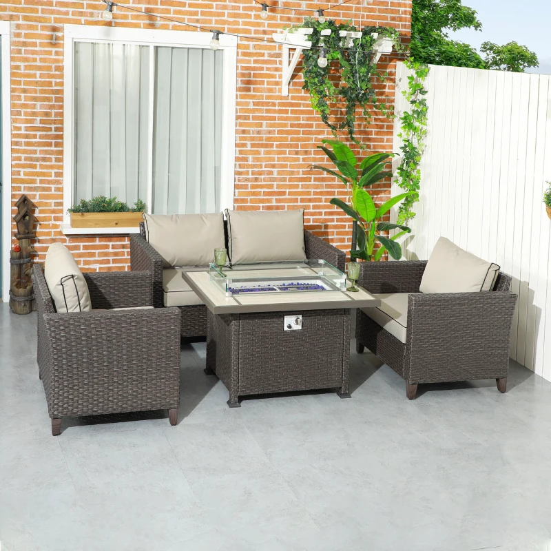 Best 5-Piece Rattan Patio Furniture Set with Gas Fire Pit Table, Loveseat Sofa, Armchairs, Cushions, Pillows, Dark Brown - Image 2