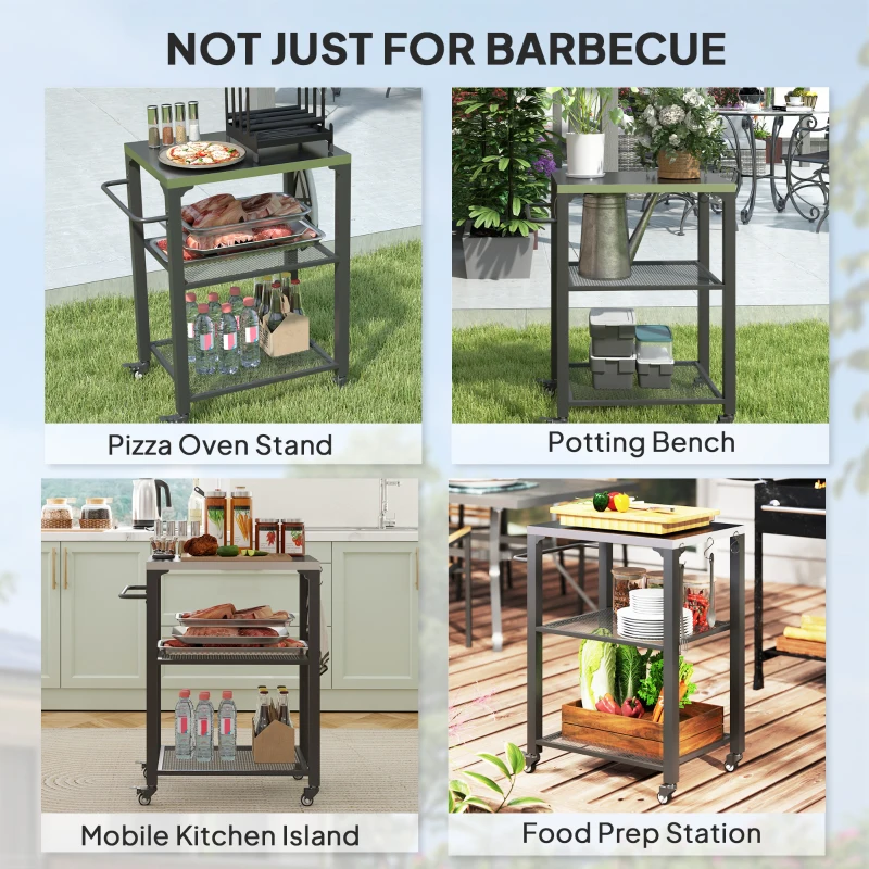 Best Three-Shelf Outdoor Grill Cart with Stainless Steel Top, Outdoor Kitchen Island with 4 Wheels, 3 Hooks, Movable Food Prep Pizza Oven Table for Kitchen, Patio, Garden, 65.5 x 41 x 79 cm - Image 7