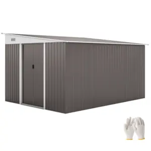 Best 11.3 x 9.2ft Lean to Metal Garden Shed, Outdoor Galvanised Tool Storage House with Double Sliding Doors and 2 Air Vents, Grey