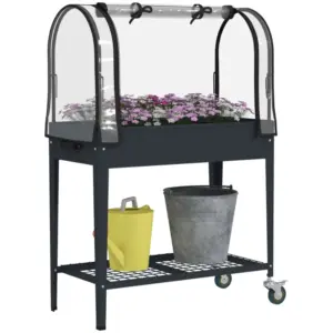 Best Raised Planter with Greenhouse Cover, Mobile Elevated Garden Bed with Wheels and Bottom Shelf for Vegetables, Dark Grey