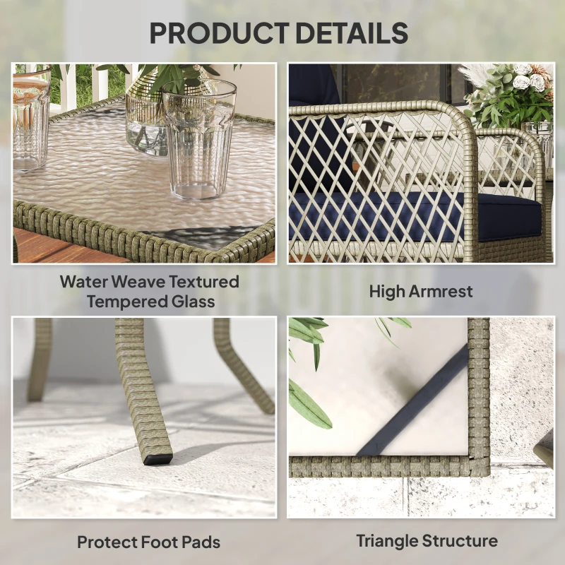 Best 3 Pieces Rattan Bistro Set with Glass Top Coffee Table, Chairs and Cushions for Outdoor, Patio, Balcony, Charcoal Grey - Image 7