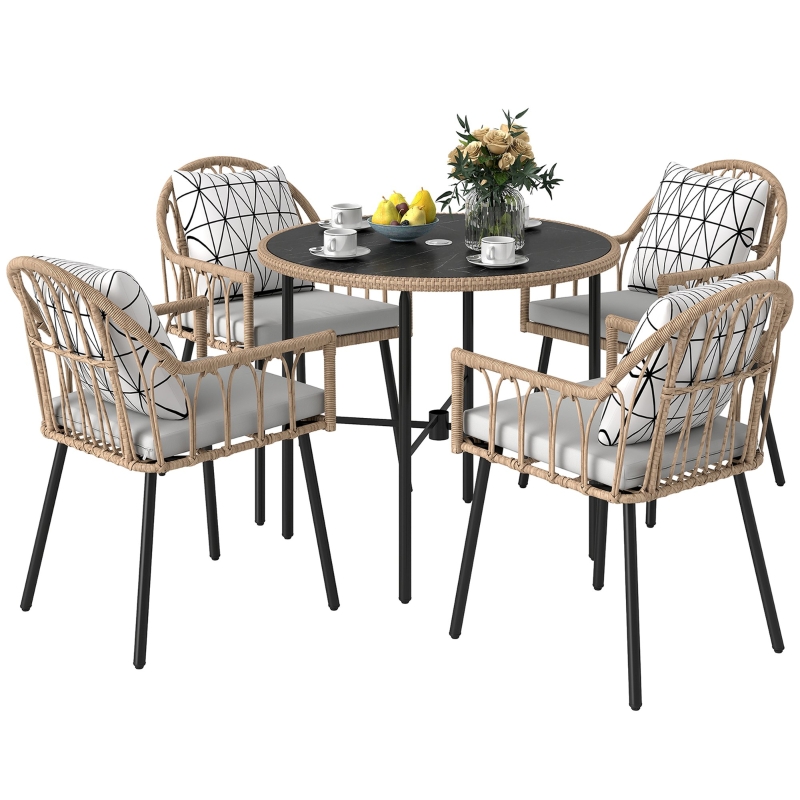 Best 5 Piece Patio Rattan Dining Set, Wicker Garden Table and Chairs w/ Removable Seat & Back Cushions, Round Tempered Glass Tabletop, Parasol Hole, Outdoor Furniture Conservatory Set, Light Brown - Image 11