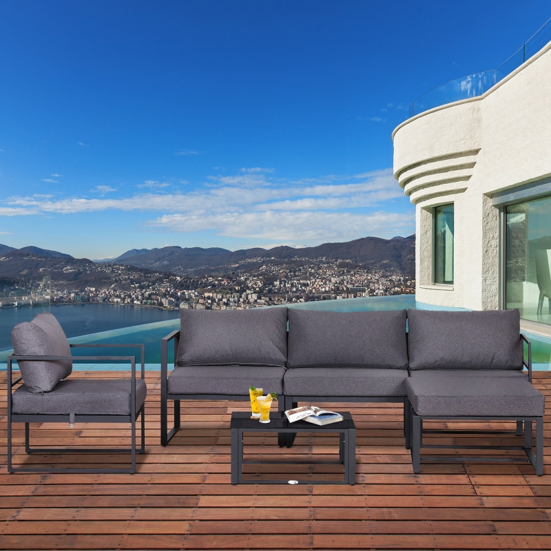 Best 6 PCs Outdoor Indoor Sectional Sofa Set Thick Padded Cushions Aluminium Frame 5 Seaters 1 Coffee Table Footrest Grey - Image 10