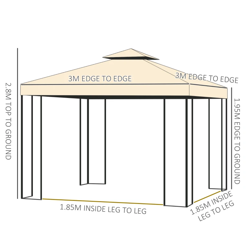 Best 3(m) x 3(m) Garden Gazebo, Double Roof Outdoor Gazebo Canopy Shelter with Netting, Solid Steel Frame, for Garden, Lawn and Deck, Beige - Image 3