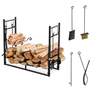 Best Metal Firewood Log Holder Indoor Outdoor Firewood Rack Fireplace 2 Tier Wood Storage Shelf with 4 Tools, Hooks, Scrolls, Black, 84W x 33D x 76H cm