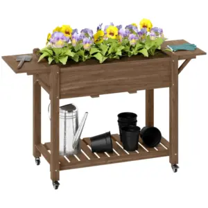 Best 46 x 94cm Wooden Raised Planter, with Shelves - Carbonised