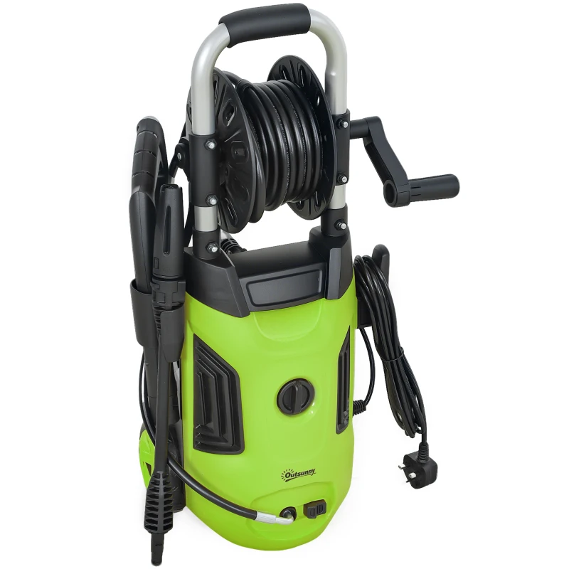 Best 1800W High Pressure Washer, 150 Bar Pressure, 420 L/h Flow, Portable Power Washer Jet Wash Cleaner with Adjustable Nozzle, 6M Hose, Hose Reel, Steel Handle for Home Patio Car Driveway, Green