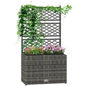 Best 22L Garden PE Rattan Planter with Trellis, Free Standing Flower Raised Bed with Two Plant Boxes for Garden, Garden Planter for Climbing Plants, 57cm x 30cm x 107cm, Mixed Grey