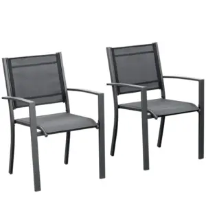 Best Garden Chairs Set Of 2 Outdoor Chairs with Steel Frame Texteline Seats for Dining Patio Balcony Dark Grey and Black