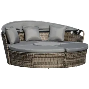 Best Outdoor PE Rattan Garden Furniture with Cushioned, Patio Wicker Conversation Furniture Set, Round Daybed with Retractable Canopy, Coffee Table and Three Pillows, Dark Grey