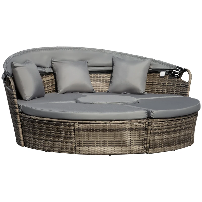 Best Outdoor PE Rattan Garden Furniture with Cushioned, Patio Wicker Conversation Furniture Set, Round Daybed with Retractable Canopy, Coffee Table and Three Pillows, Dark Grey