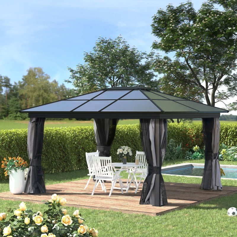 Best 3.6 x 4m Hardtop Gazebo Canopy with Polycarbonate Roof, Aluminium Frame, Permanent Pavilion Garden Gazebo with Netting and Curtains for Patio, Deck, Dark Grey - Image 2