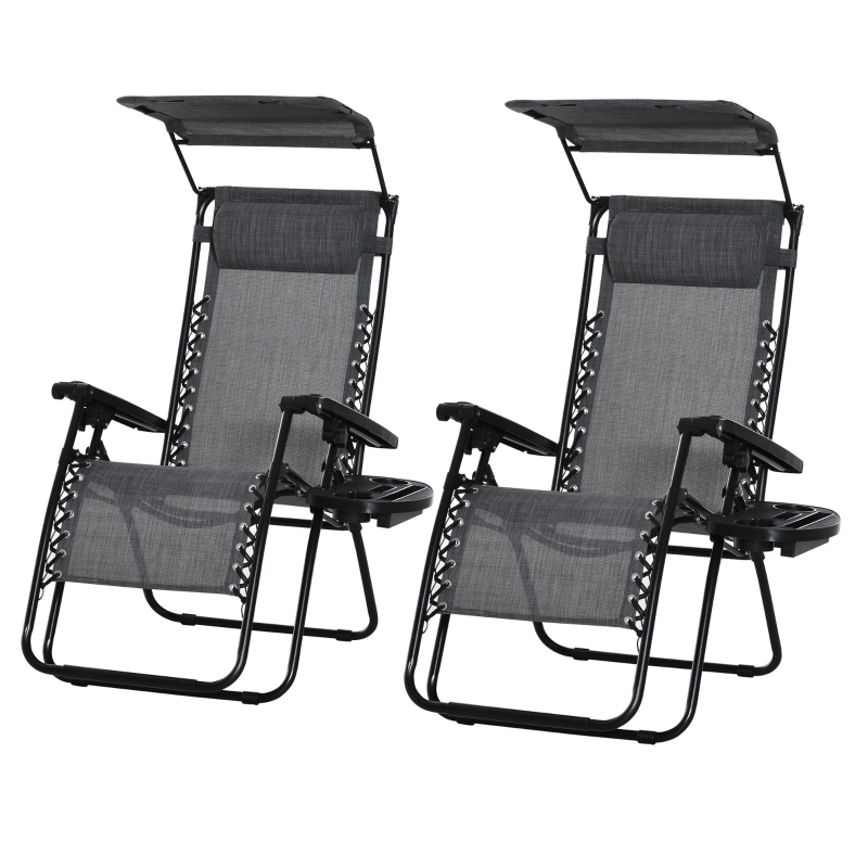 Best 2 Piece Foldable Reclining Garden Chair with Headrest, Zero Gravity Deck Sun Lounger Seat Chair with Footrest, Armrest, Cup Holder & Canopy Shade, Light Grey - Image 11
