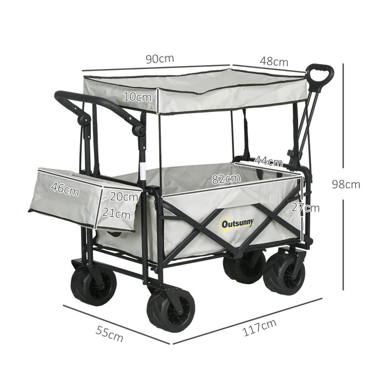 Best Folding Trolley Cart Storage Wagon Beach Trailer 4 Wheels with Handle Overhead Canopy Cart Push Pull for Camping, Grey - Image 3