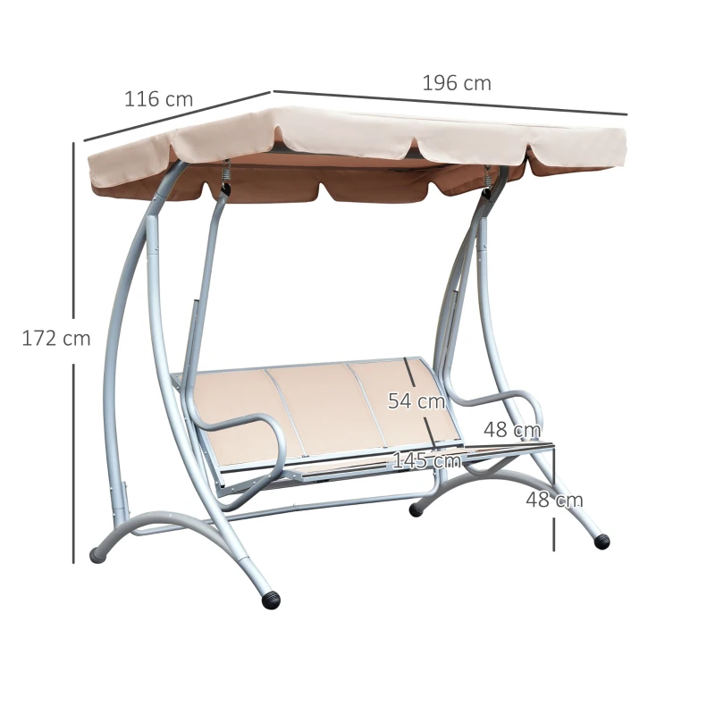 Best 3 Seater Garden Swing Seat Bench Steel Swing Chair with Adjustable Canopy for Outdoor Patio Porch - Beige - Image 3