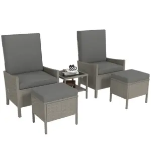 Best 5 Piece Rattan Garden Furniture Set, Wicker Patio Sofa Set with 2 Armchairs, 2 Footstools, Glass Top Coffee Table with Shelf, Outdoor Furniture with Adjustable Backrests, Cushions, Dark Grey