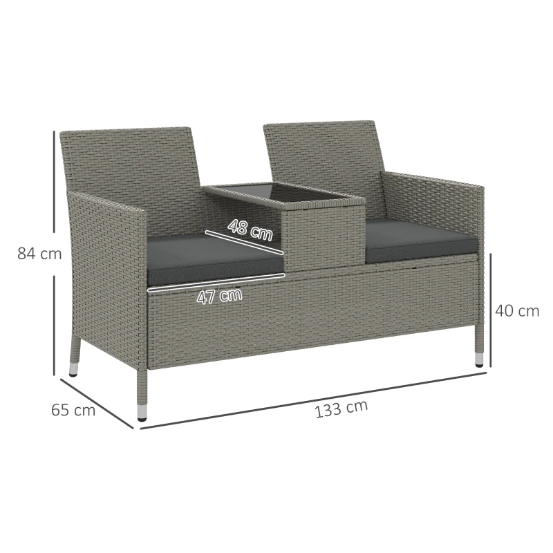 Best 2-Seater PE Rattan Outdoor Garden Bench w/ Centre Table Grey - Image 3