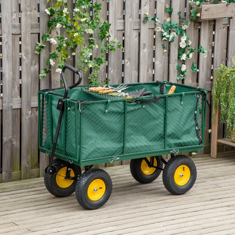 Best Large 4 Wheel Heavy Duty Garden Cart Truck Trolley Wheelbarrow with Handle and Metal Frame - Green - Image 2