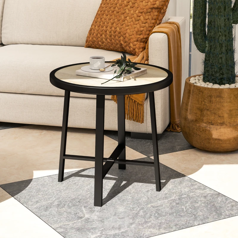 Best Round Small Garden Table, 50.5cm Outdoor Side Table with SPC Tabletop, Metal Frame and Anti-slip Foot Pads for Garden, Balcony, Nature Wood Finish - Image 2