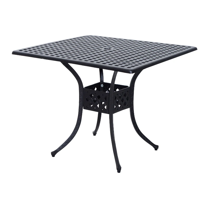 Best 90cm Square Garden Table with Umbrella Hole, Aluminium Grid Motif Outdoor Dining Table for Garden Patio, Black