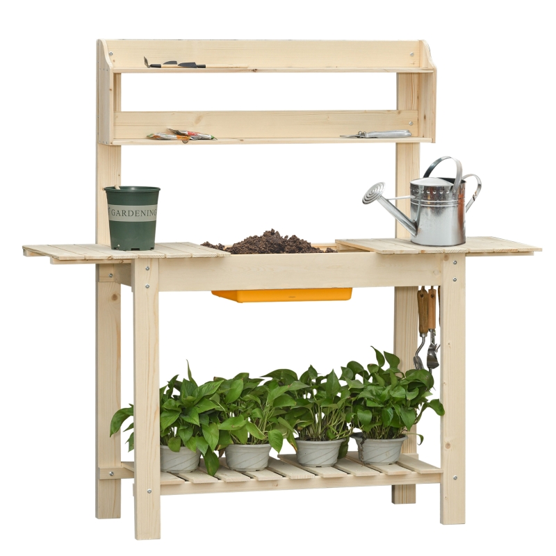 Best Garden Potting Bench w/ Sliding Tabletop, Wooden Workstation w/ Dry Sink, Outdoor Workbench Potting Table w/ Storage Shelf & Hooks, Natural - Image 11