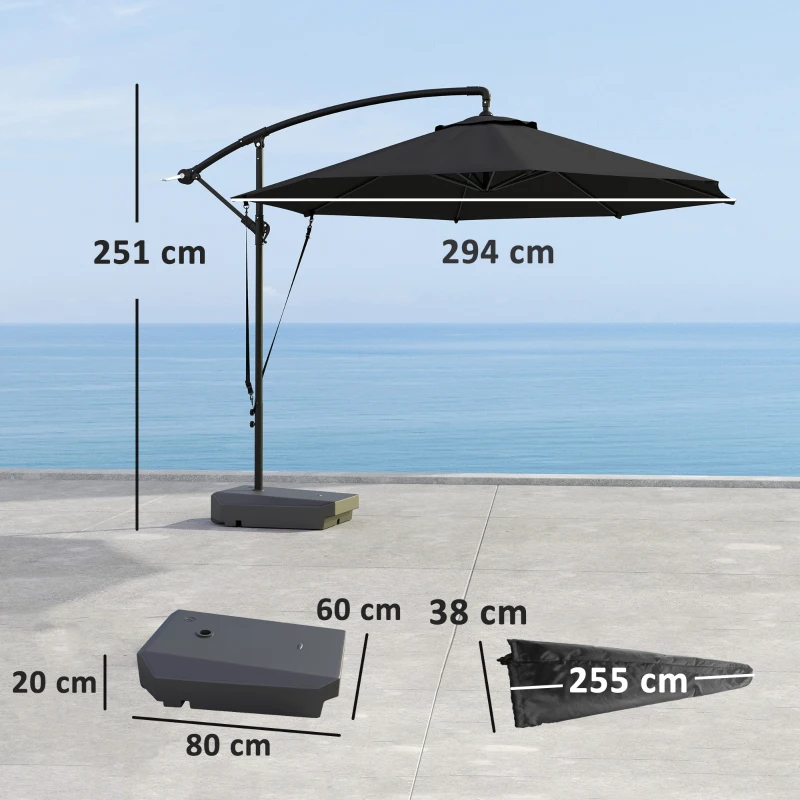 Best 3(m) Garden Cantilever Parasol with Fillable Base, Wind Protection Strap, Cover, Round Banana Hanging Umbrella with Crank Handle and Tilt, Patio Umbrella for Outdoor Sun Shade, UPF50+, Grey - Image 3