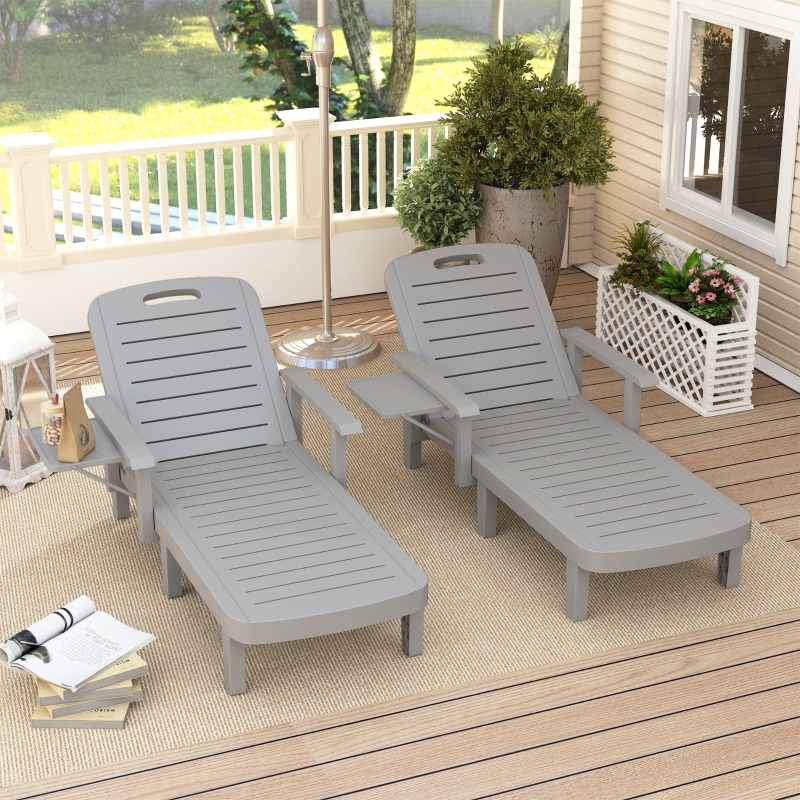 Best Set of 2 Resin Reclining Sun Loungers for Garden, 5 Positions Adjustable Outdoor Chaise Lounge Chairs with Wood Texture Surface, Armrests, Foldable Side Table for Garden, Beach, Light Grey - Image 10