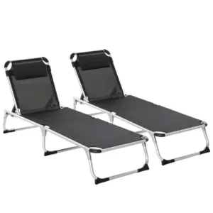 Best 2 Pieces Foldable Outdoor Sun Lounger with Pillow, 5-Level Adjustable Reclining Lounge Chair, Aluminium Frame Camping Bed Cot, Black