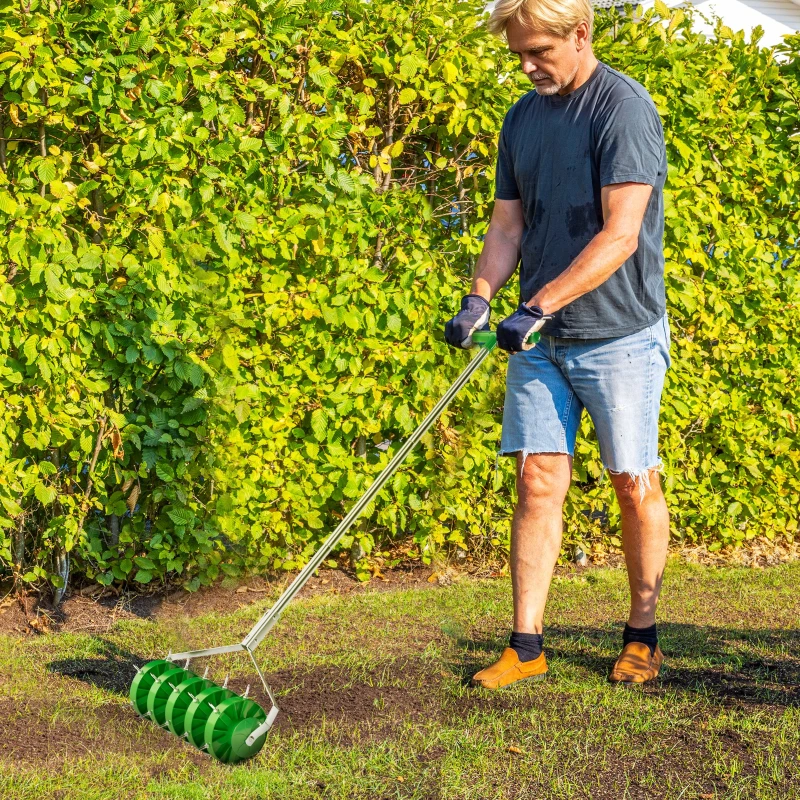 Best Rolling Lawn Aerator, Manual Grass Spike Roller, Heavy Duty Garden Aerator with 3 Piece Detachable Handle and T-bar Grip, Outdoor Garden Lawn Tool, Dark Green - Image 2