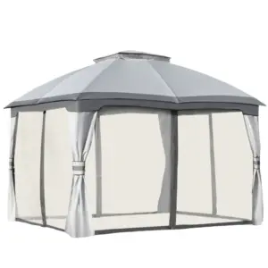 Best 3.7 x 3(m) Metal Gazebo Canopy Party Tent Garden Patio Shelter with Netting Sidewalls & Double Tiered Roof, Grey