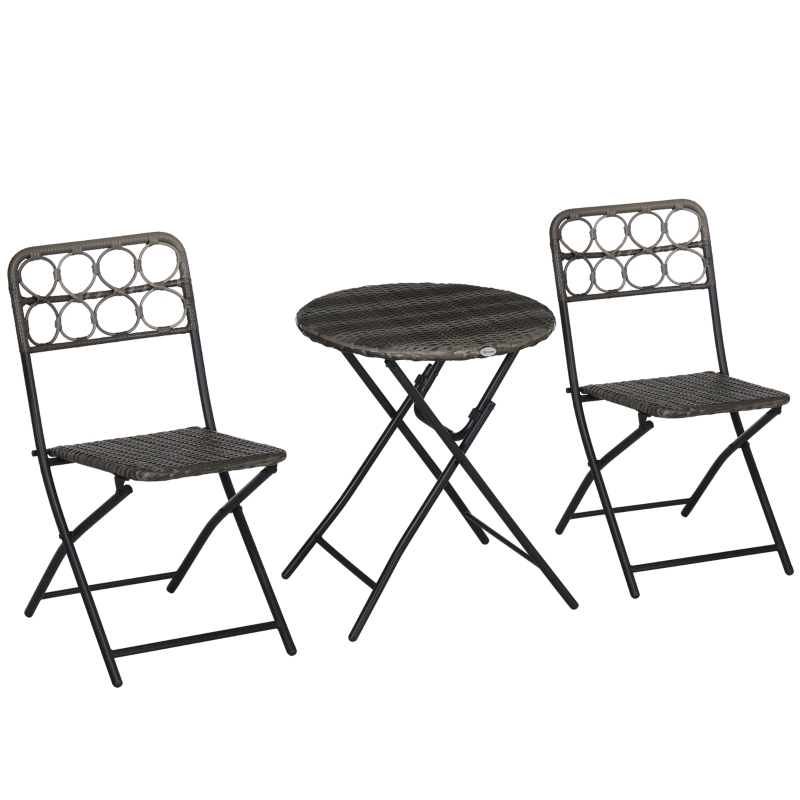 Best 3 Pieces Rattan Bistro Set, Wicker Folding Garden Furniture Set with Coffee Table and Chairs for Outdoor, Patio, Balcony, Grey - Image 11