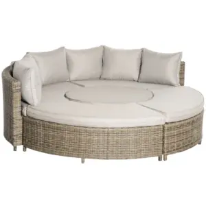 Best 5 Pieces Outdoor PE Rattan Round Garden Daybed with Cushions, Aluminium Patio Furniture Set Lounge Chair Conversation Sofa Set with Liftable Coffee Table and Protect Cover, Grey