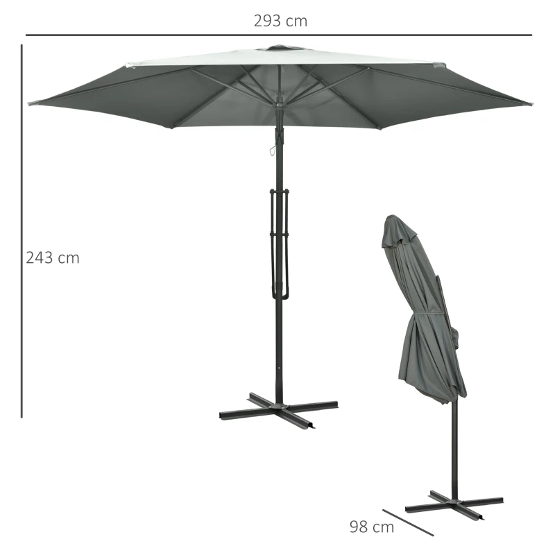 Best 3m Cantilever Parasol with Easy Lever, Patio Umbrella with Crank Handle, Cross Base and 6 Metal Ribs, Outdoor Sun Shades for Garden, Grey - Image 3