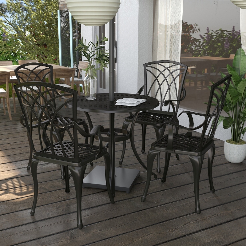 Best 5 Pieces Garden Dining Set for 4, Cast Aluminium Outdoor Dining Set with 4 Armchairs and Round Dining Table with Parasol Hole, Garden Furniture Set, Brown - Image 10