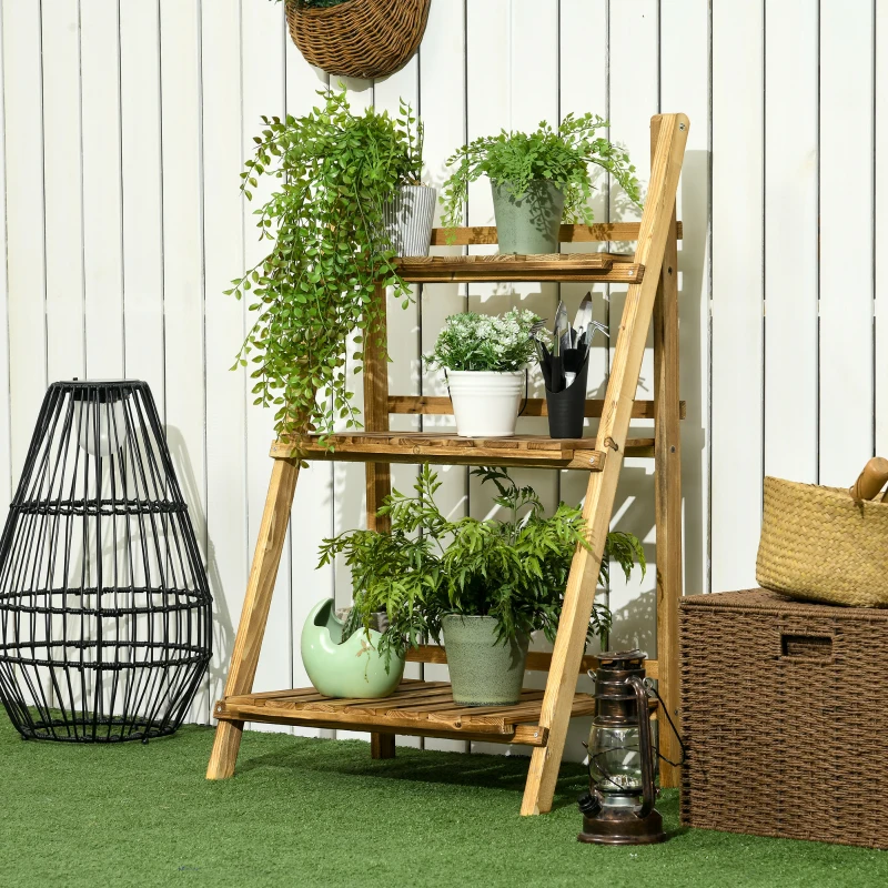 Best Wooden Folding Flower Pot Stand 3 Tier Garden Planter Display Ladder Gardener Storage Shelves Rack Herb Holder (60L x 37W x 93H cm) - Image 2