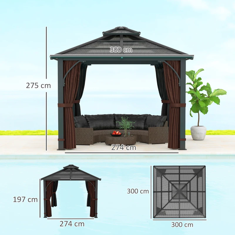 Best 3 x 3(m) Hardtop Gazebo Canopy with 7mm Double Polycarbonate Roof, Garden Gazebo Permanent Pavilion with Mosquito Netting and Curtains for Patio, Deck, Brown - Image 3