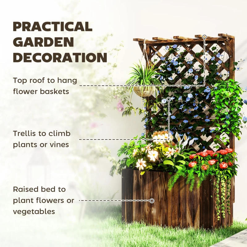 Best Wooden Planter with Trellis, Freestanding Raised Garden Bed with Drainage Holes, Outdoor Planter Box with Liner for Vegetables, Herbs and Flowers, Carbonised - Image 4