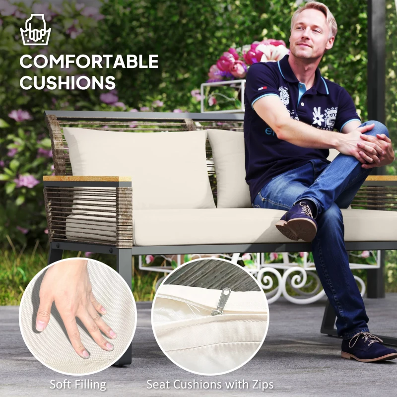 Best Four Piece Wicker Rope Garden Furniture Set with Glass Top Coffee Table - Grey - Image 6