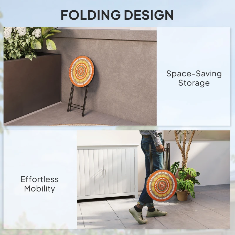 Best Mosaic Outdoor Garden Table, 35.5cm Round Folding Coffee Table with Metal Frame for Balcony Terrace, Orange - Image 5