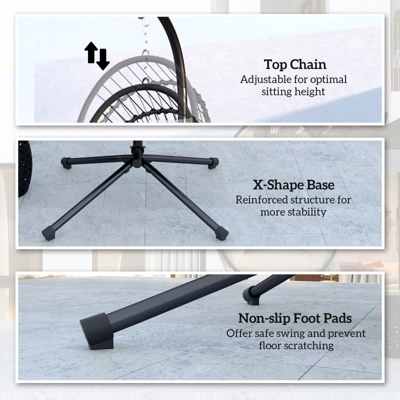 Best Outdoor PE Rattan Swing Chair with Foldable Basket and Cushion, Garden Patio Hanging Egg Chair with Metal Stand, Headrest for Indoor and Outdoor, Black - Image 7