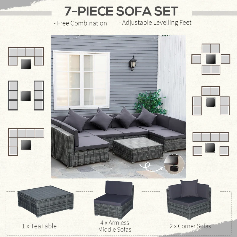 Best 7 Pieces Patio Wicker Sofa Set, Outdoor PE Rattan Sectional Furniture Set w/ Acacia Table Top & Cushion for Garden, Backyard, Grey - Image 6