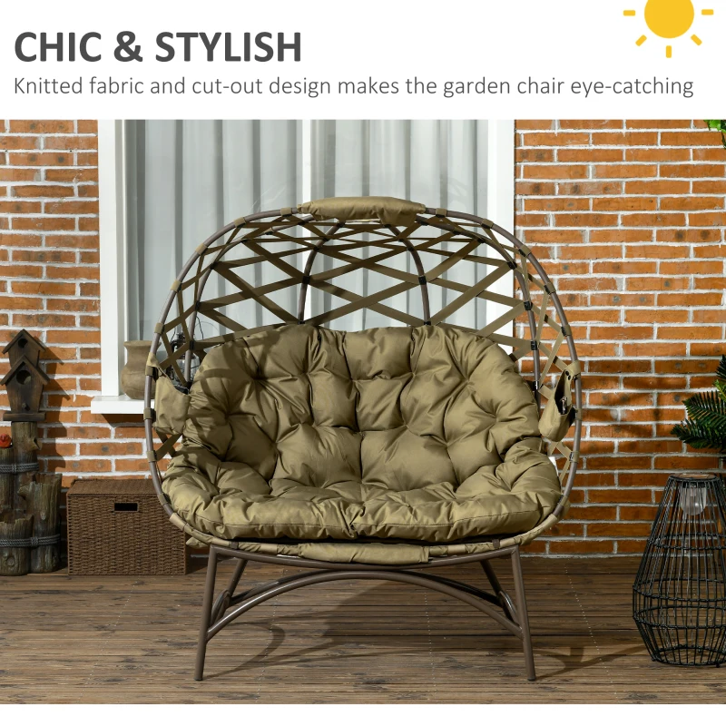 Best 2 Seater Egg Chair Outdoor, Folding Weave Garden Furniture Chair with Cushion, Cup Pockets - Khaki - Image 4