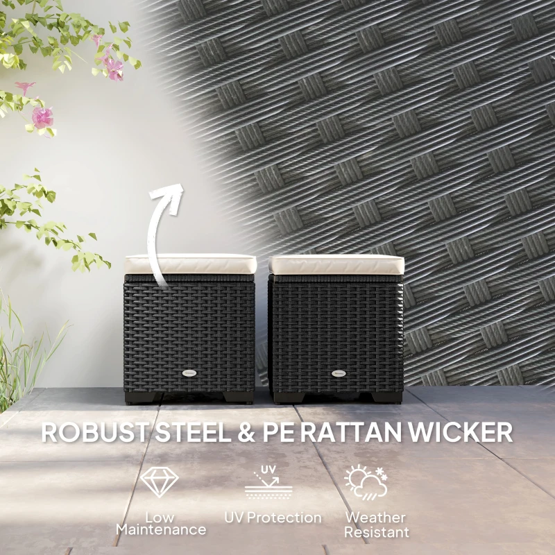 Best Set of 2 Rattan Storage Ottoman, Outdoor Footstool with Removable Cushions, Garden Storage Seat for Balcony, Poolside, Living Room, Cream - Image 6