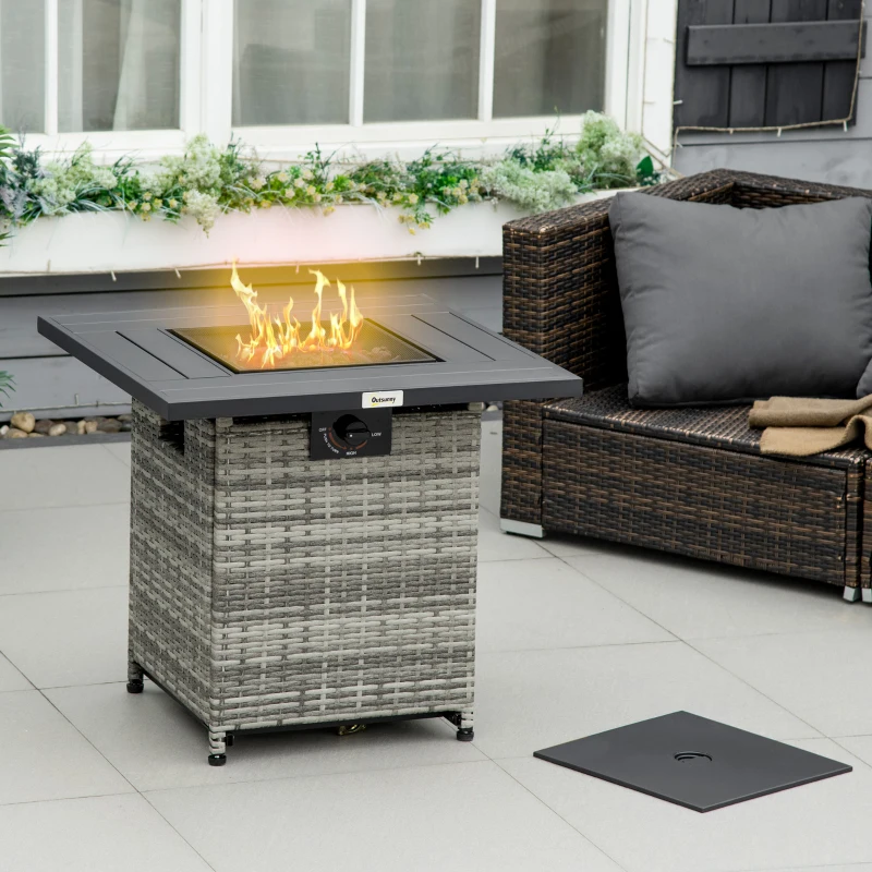 Best Outdoor PE Rattan Gas Fire Pit Table, Patio Square Propane Heater with Rain Cover, Mesh Lid and Lava Stone, 40,000 BTU, Mixed Grey - Image 2