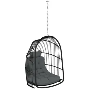 Best Hanging Egg Chair, Foldable Rattan Garden Swing Chair with Installation Kit, Thickened Cushion and Headrest, Indoor Outdoor Hanging Egg Basket Seat for Patio, Porch, Dark Grey
